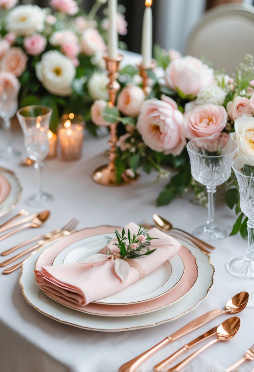 An engagement party table set with rose gold flatware, white and pink plates, floral centerpieces, and candles.