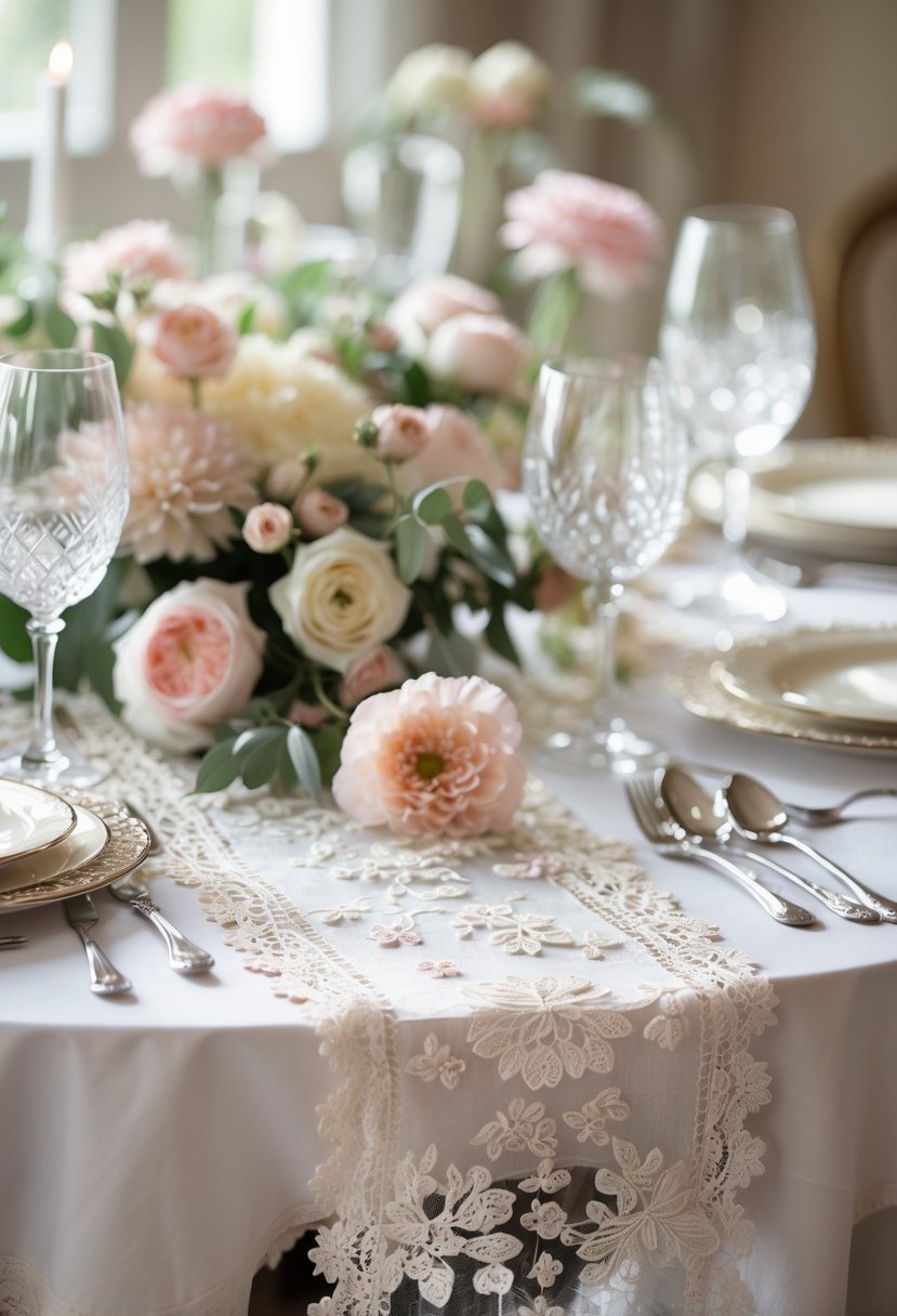 Engagement party table set with lace table runners, floral centerpieces, fine china, and glassware.