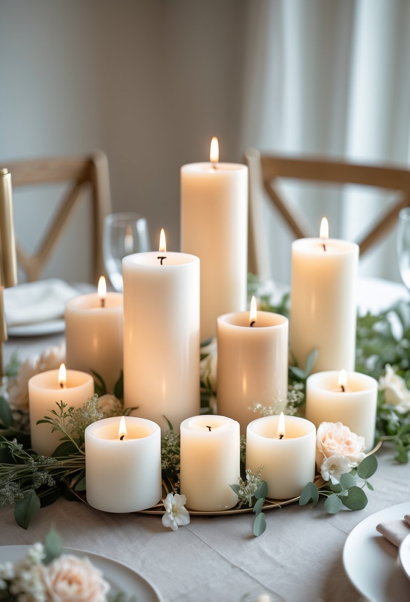 A wedding table with 15 clusters of white candles arranged directly on the table, surrounded by greenery and flowers.