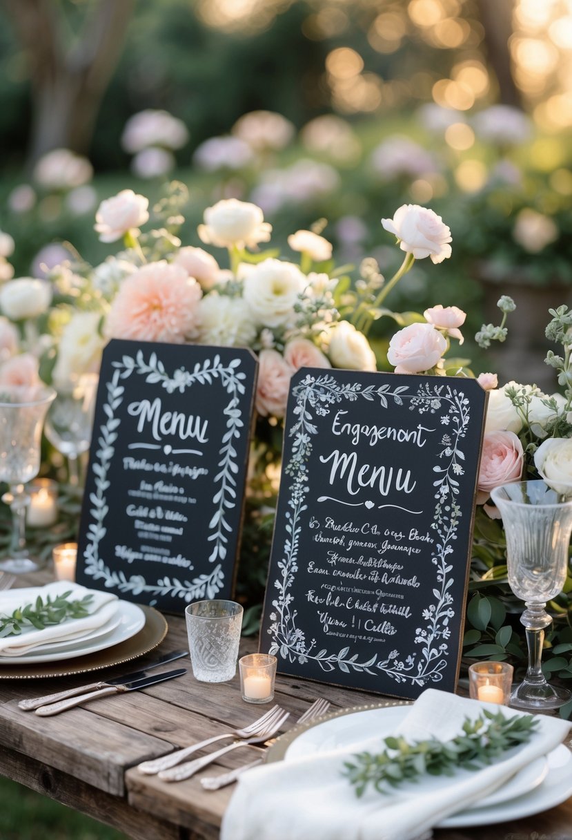 Engagement party table with hand-painted chalkboard menus, floral arrangements, candles, and glassware on a wooden table in an outdoor garden setting.