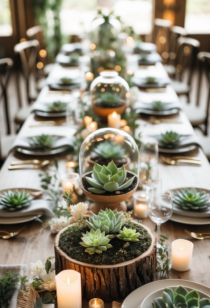Wedding tables decorated with various succulent plant centerpieces, candles, and elegant tableware in a warm, softly lit setting.