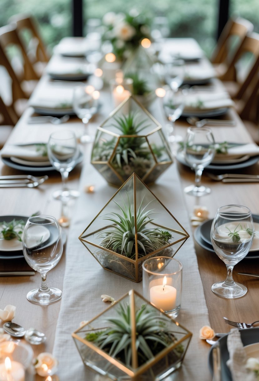 Wedding tables decorated with geometric glass terrariums containing green air plants, surrounded by candles and elegant tableware.