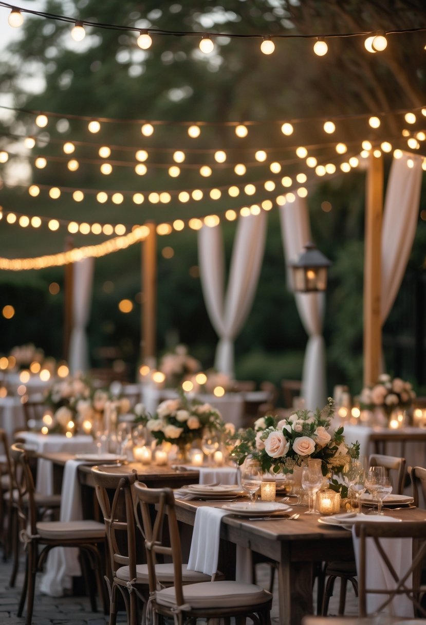 Outdoor engagement party tables under warm string lights with floral centerpieces and candles.