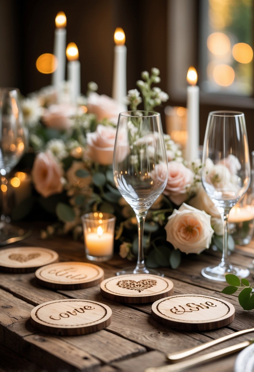 A wooden table set for an engagement party with personalized wooden coasters, floral centerpieces, candles, and glassware.