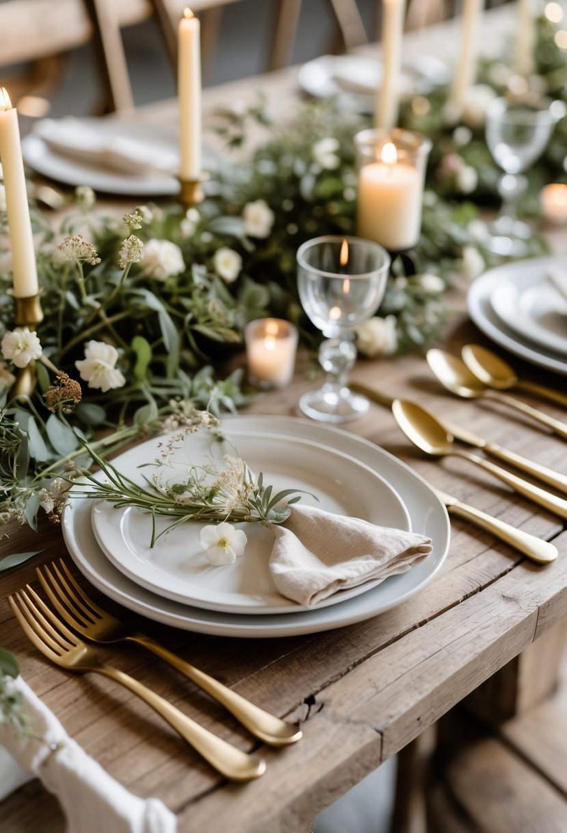 Wedding table setting featuring vintage brass flatware arranged on a wooden table with flowers, greenery, and candles.