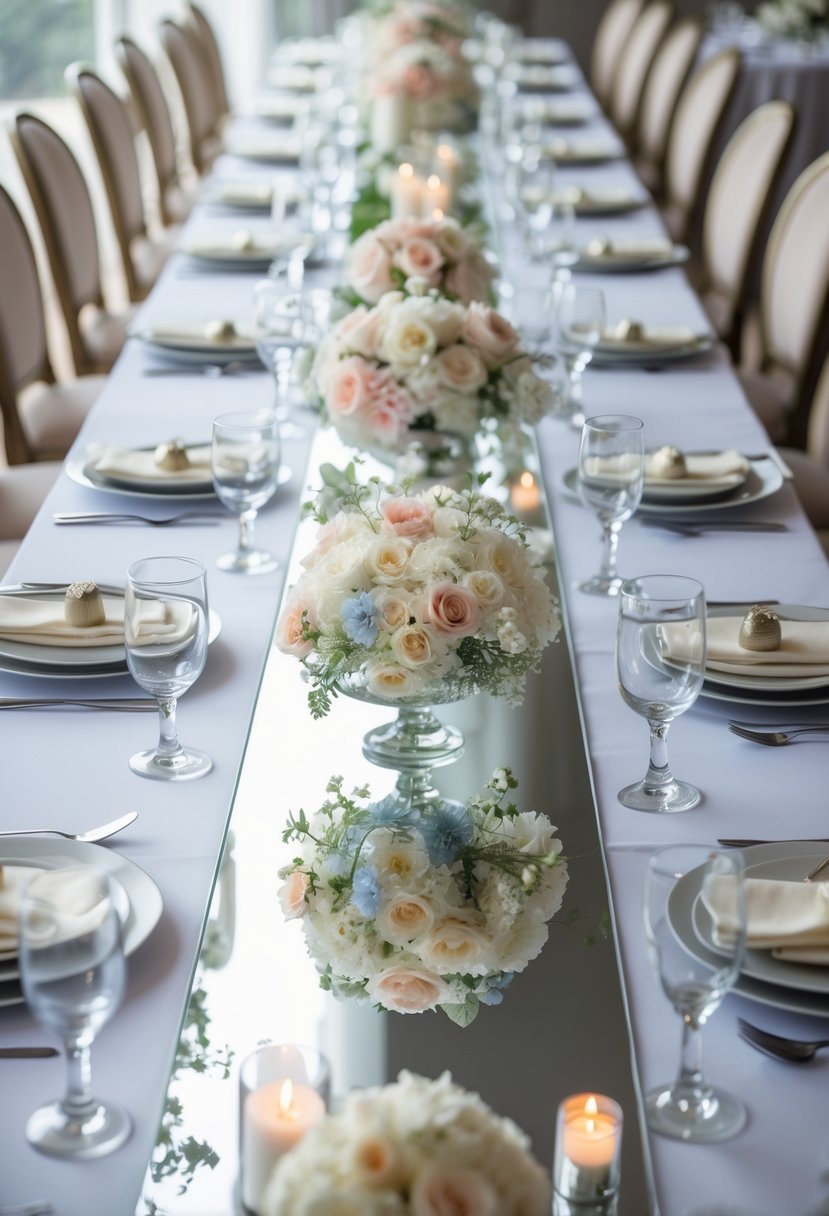 A long wedding table with mirrored runners, floral arrangements, glassware, silver cutlery, and candles, set for a reception without plates.