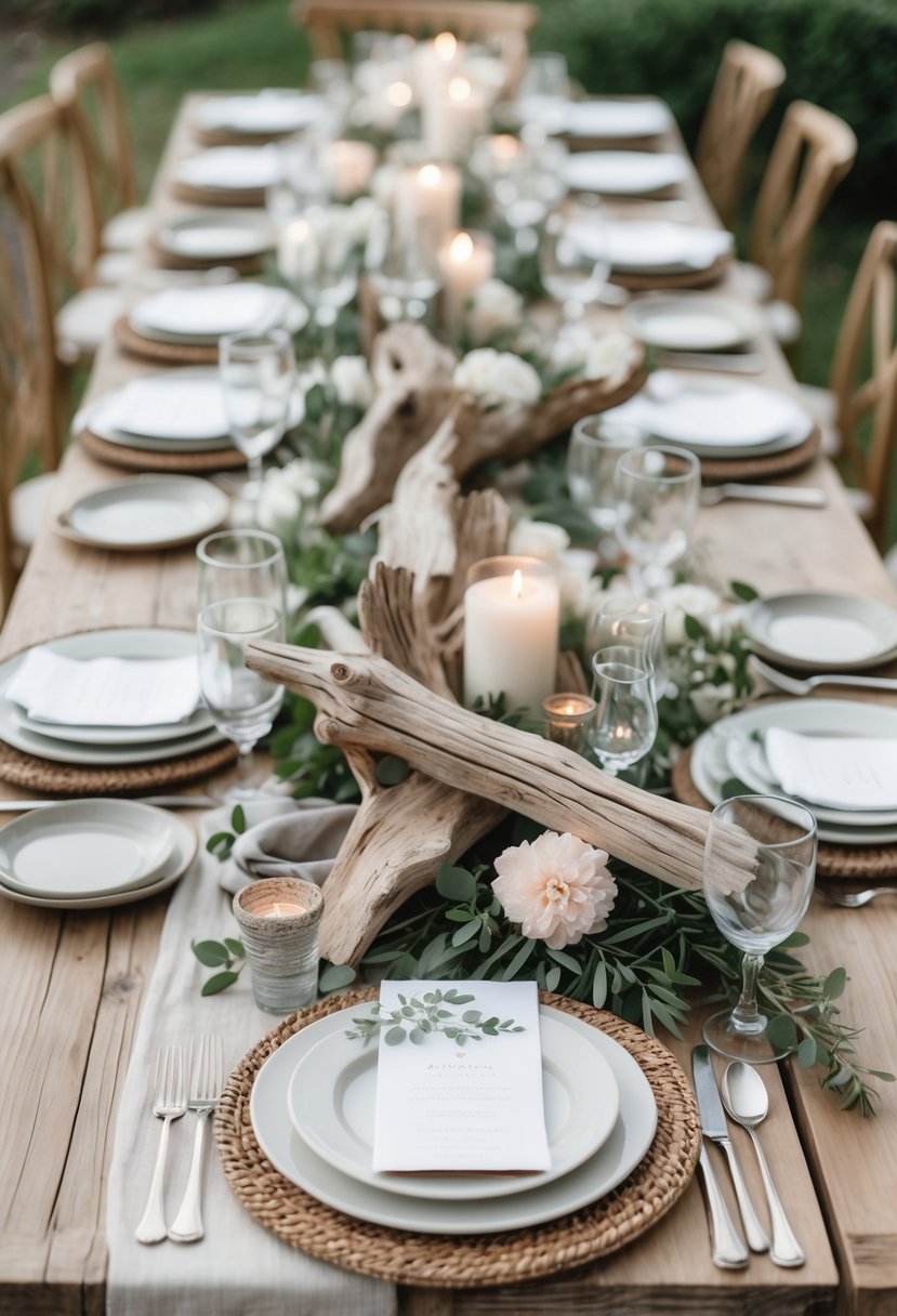 A wedding table set outdoors with decorative driftwood centerpieces, flowers, candles, and neatly arranged plates and glassware.