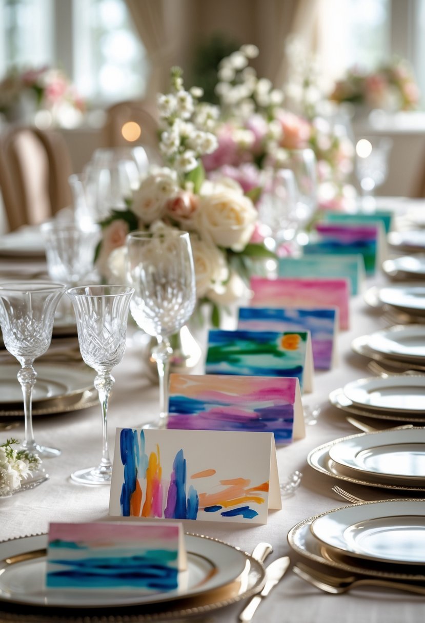 A wedding table set with hand-painted place cards arranged in front of each seat, surrounded by plates, glasses, and floral decorations.