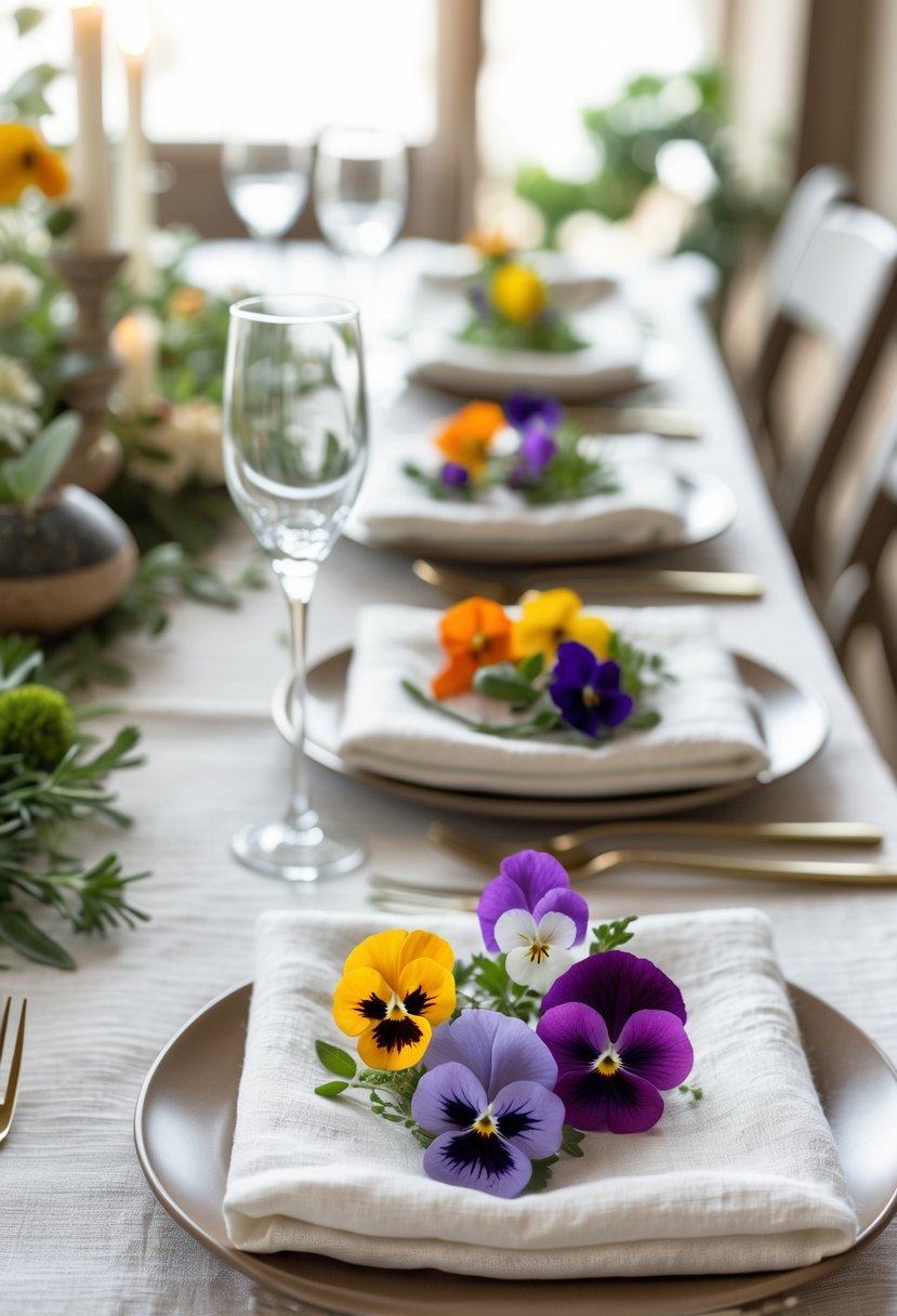 Close-up of white napkins decorated with colorful edible flowers arranged on a wedding table.