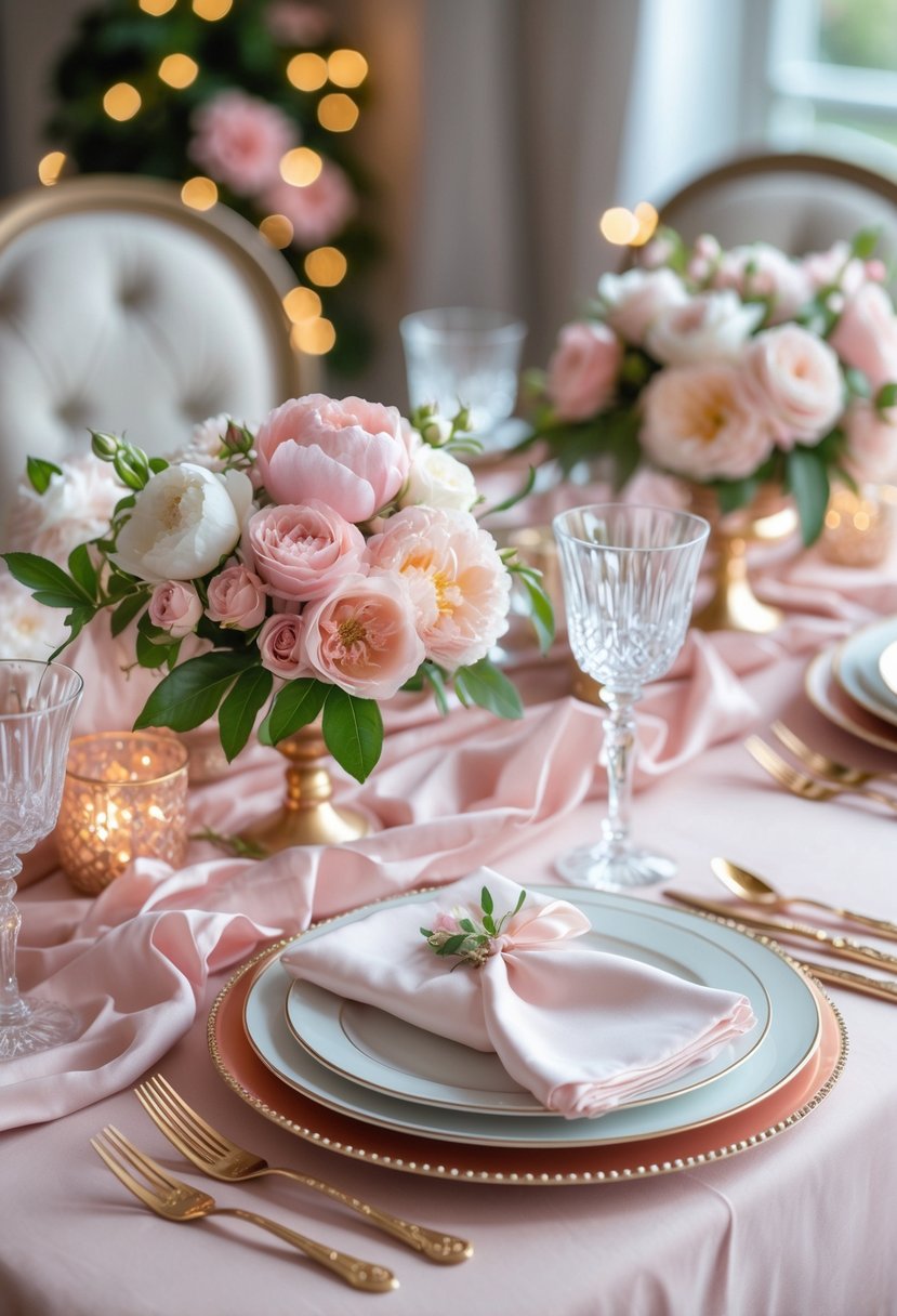 A beautifully arranged engagement party table with blush pink tablecloths, floral centerpieces, plates, cutlery, and glassware.