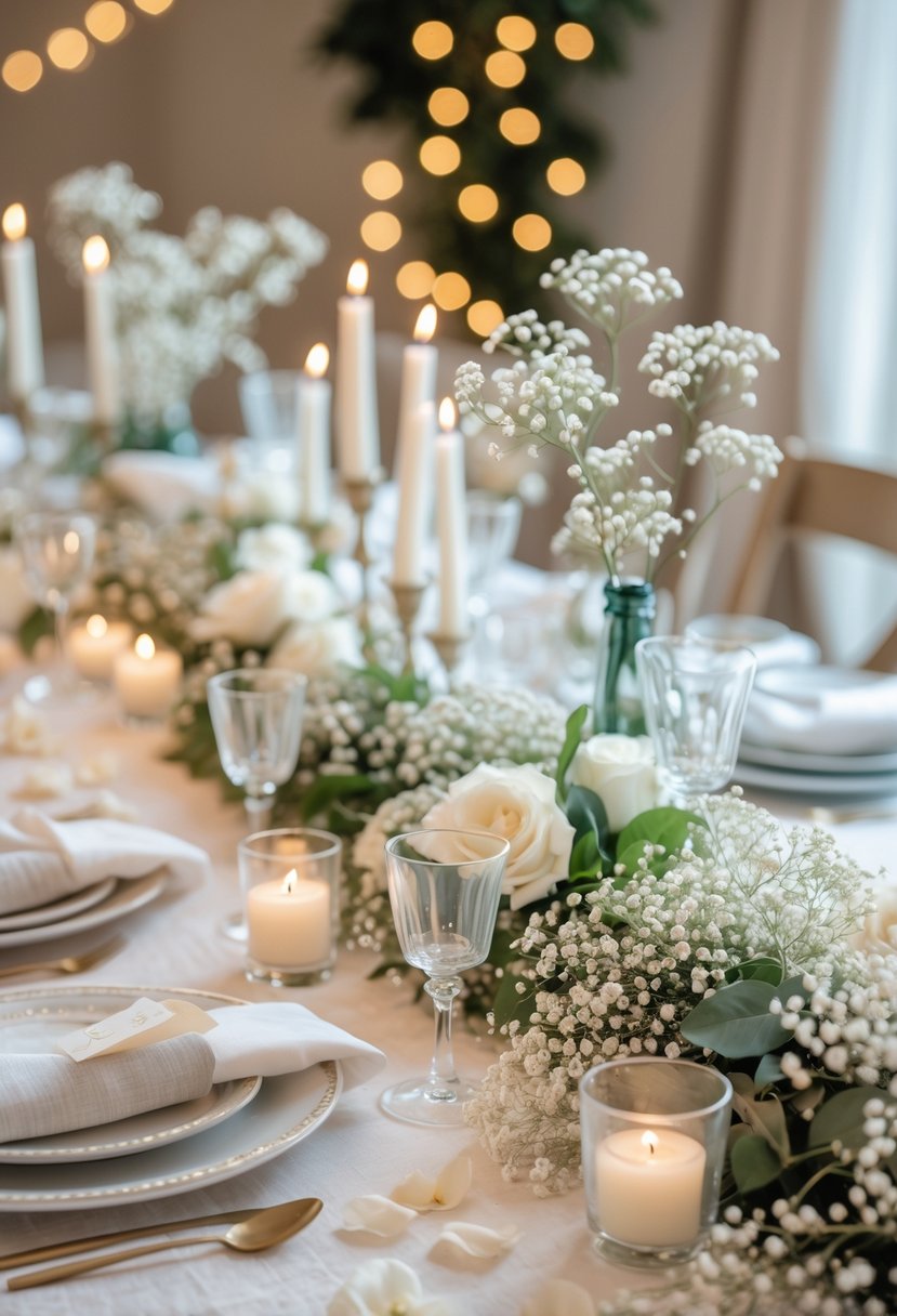 A beautifully decorated engagement party table with Baby’s Breath garlands, floral centerpieces, candles, and elegant tableware.