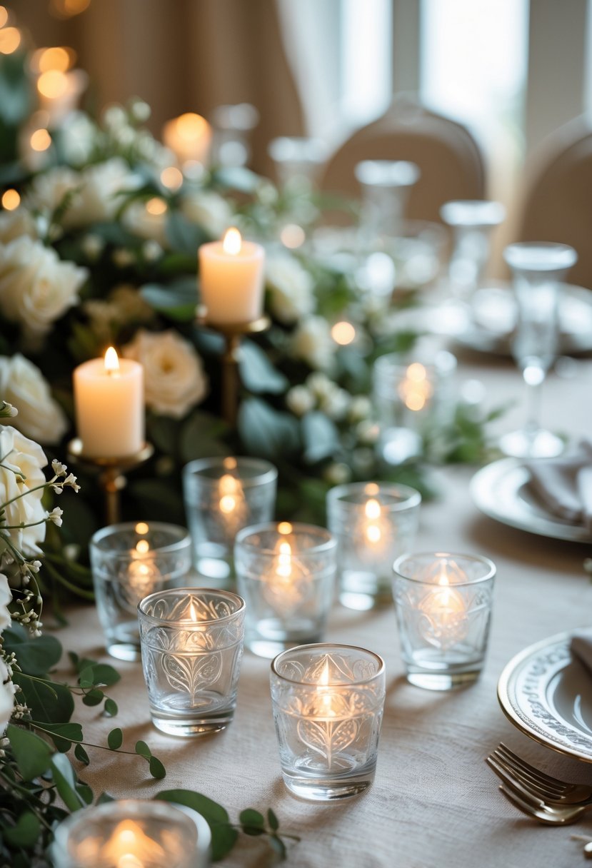 A wedding table setting with multiple small etched glass votive candle holders glowing softly among flowers and greenery.