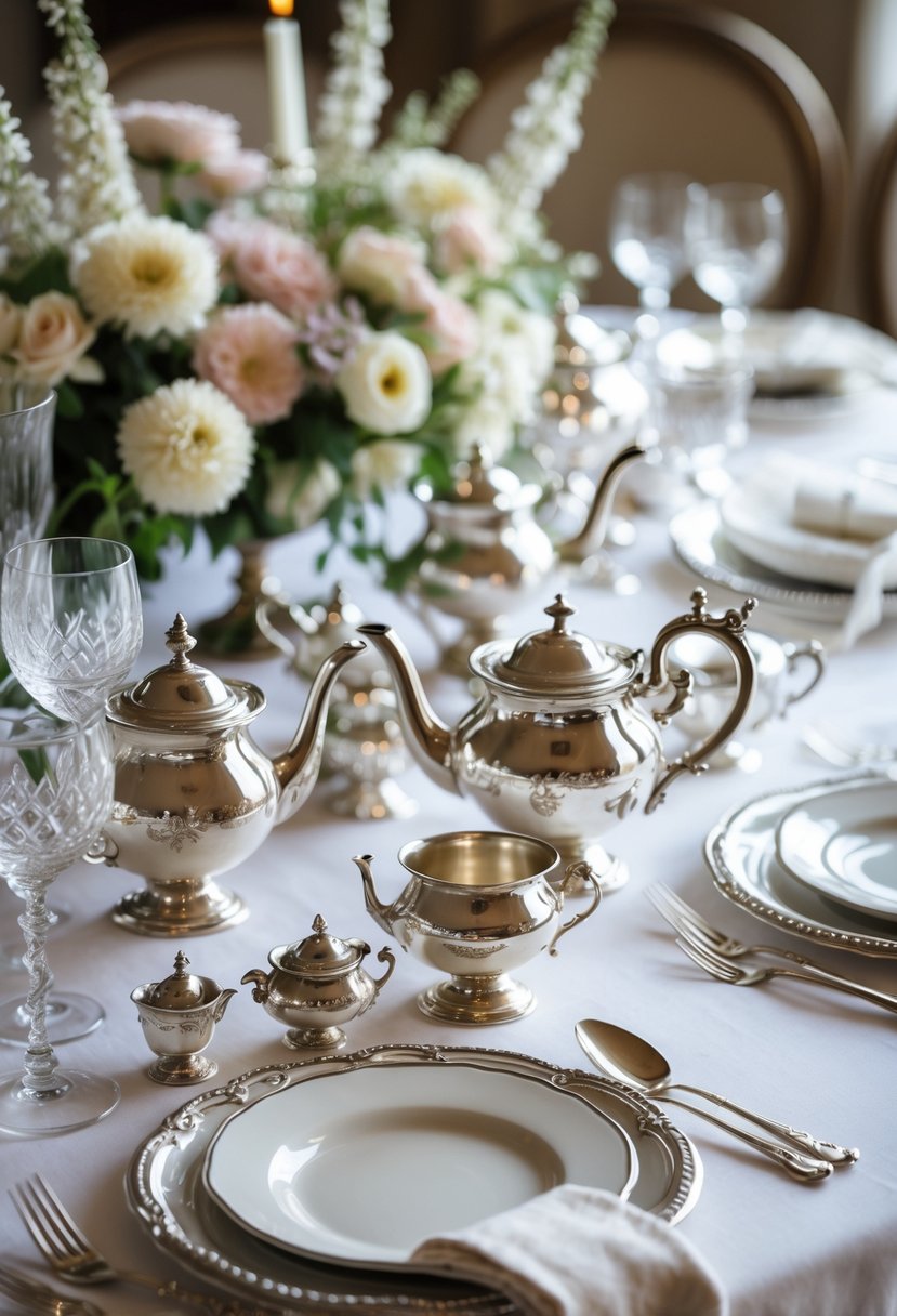 An engagement party table set with vintage silver tea sets, floral centerpieces, fine china, and glassware on a white tablecloth.