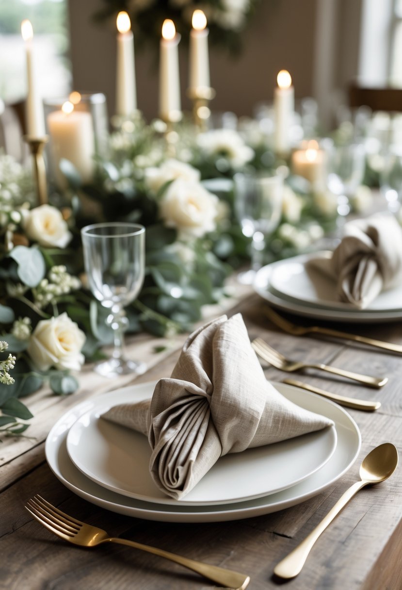 A wedding table with 15 creatively folded linen napkins arranged on a wooden surface surrounded by flowers, glassware, and cutlery.