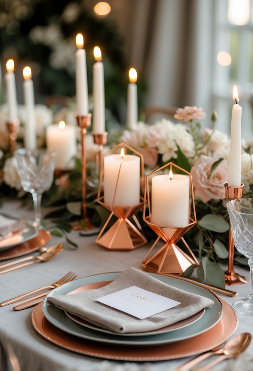 Engagement party table with geometric copper candle holders, flowers, glassware, and candles.