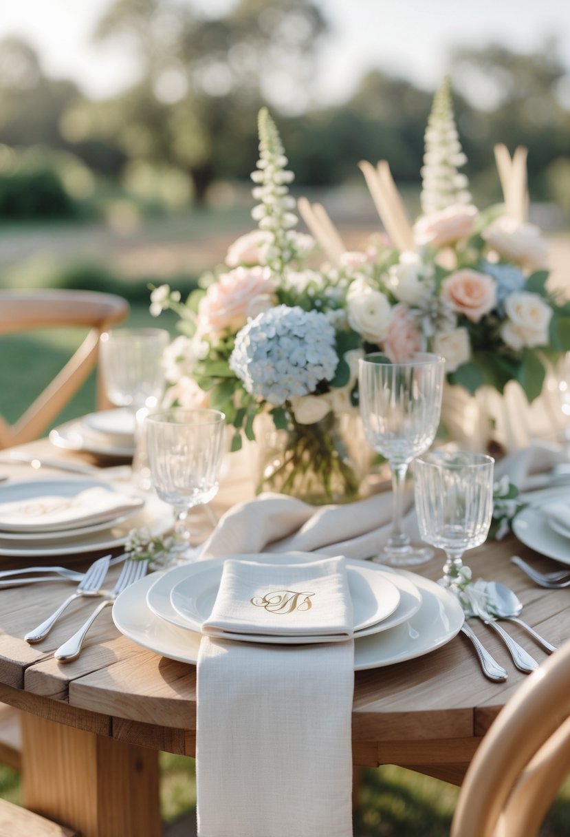 Engagement party table set outdoors with monogrammed linen napkins, floral centerpieces, glassware, and silverware.