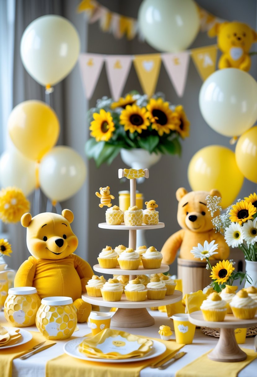 A baby shower table decorated with Winnie the Pooh plush toys, honey pots, themed cupcakes, balloons, and floral arrangements in soft pastel colors.