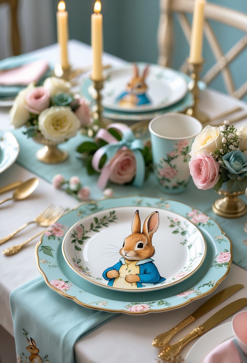 A table set with Peter Rabbit-themed plates and cups featuring floral patterns, surrounded by baby shower decorations like flowers and candles.