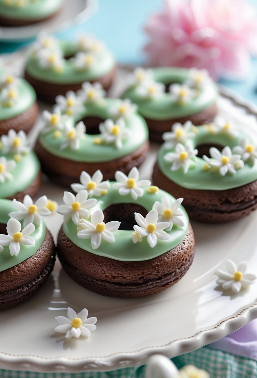 Chocolate donuts with green frosting and white flower decorations arranged on a plate.