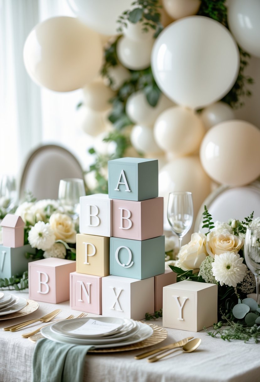 A table with pastel-colored alphabet block centerpieces surrounded by neutral-toned baby shower decorations including balloons, greenery, and flowers.