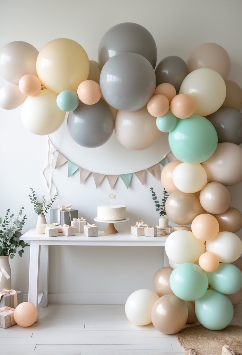 A neutral pastel balloon garland with soft beige, cream, gray, peach, and mint balloons arranged for a baby shower, decorated with greenery and simple table settings.