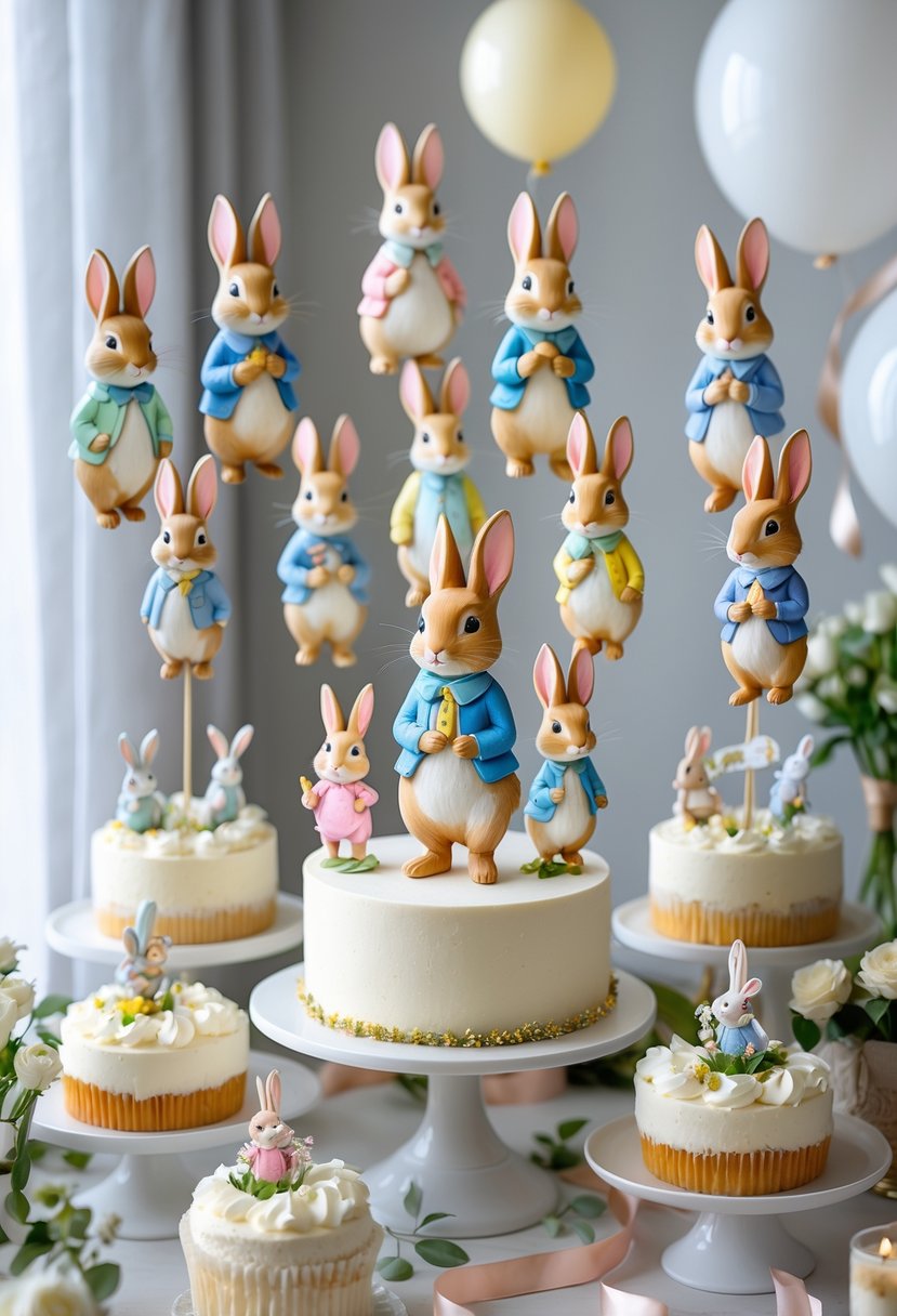 A collection of 17 hand-painted Peter Rabbit cake toppers displayed on decorated cakes and cupcakes surrounded by baby shower decorations.