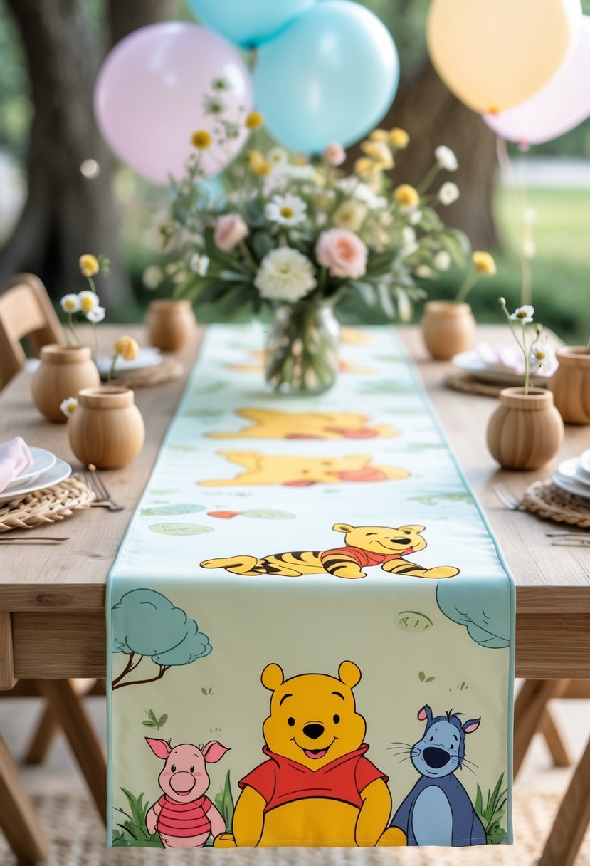 A table decorated with a Hundred Acre Wood themed table runner and baby shower decorations featuring Winnie the Pooh characters and pastel flowers.