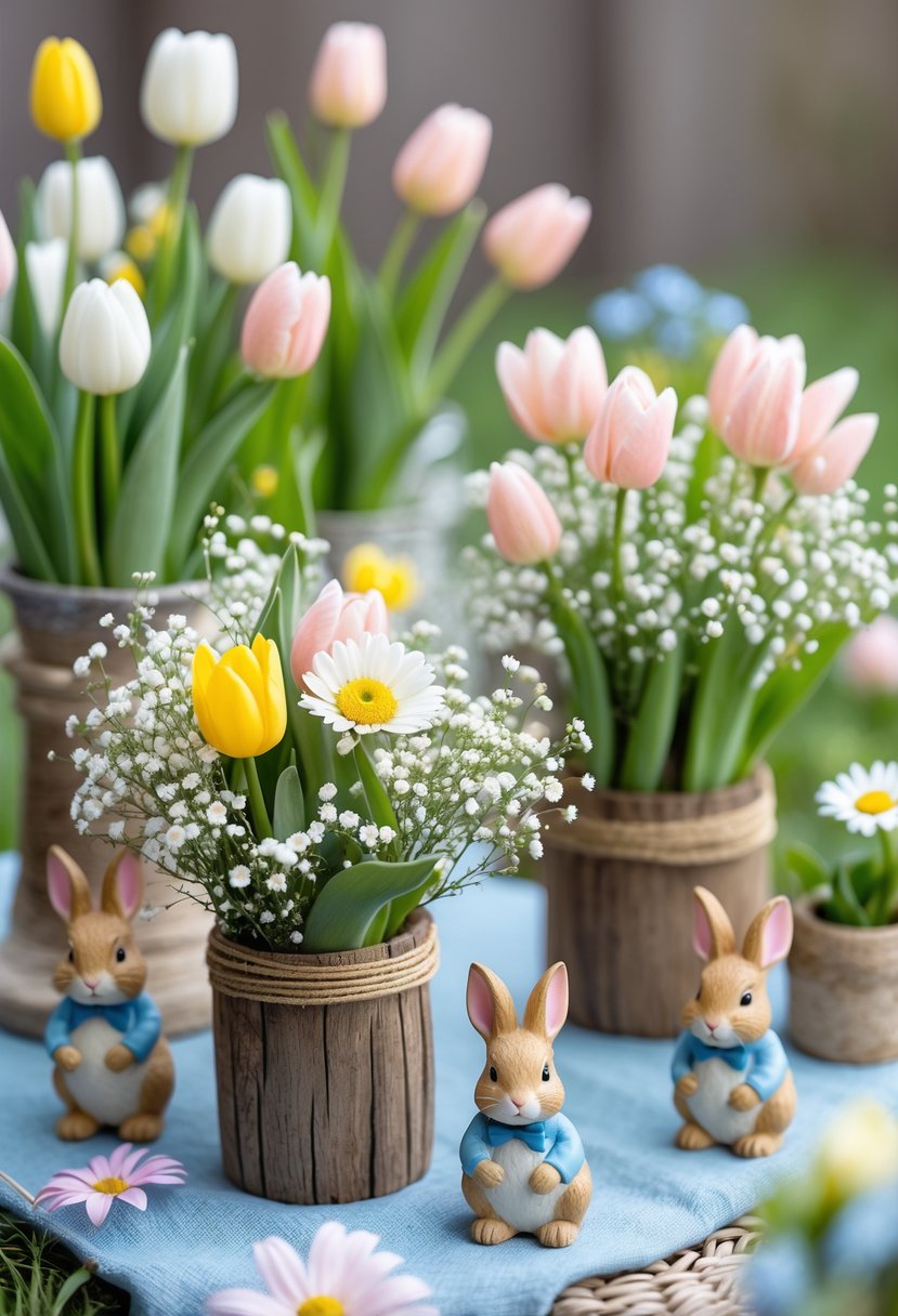 A springtime garden centerpiece with pastel flowers and small rabbit figurines arranged on a wooden surface outdoors.