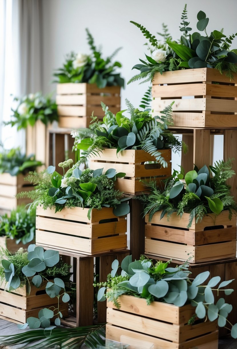 Wooden crates decorated with green plants arranged for a baby shower celebration.