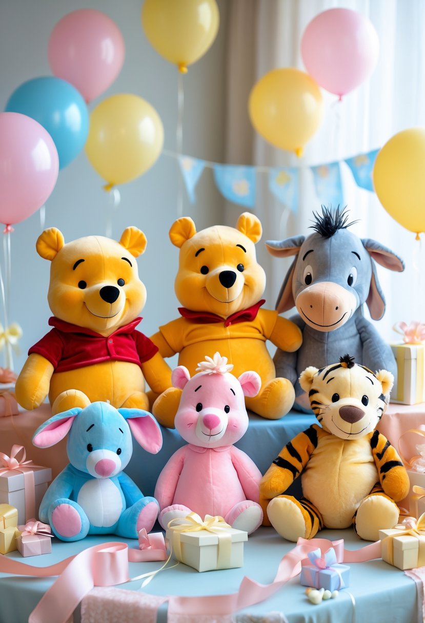 A collection of Winnie the Pooh and friends plush toys arranged with baby shower decorations on a pastel table.