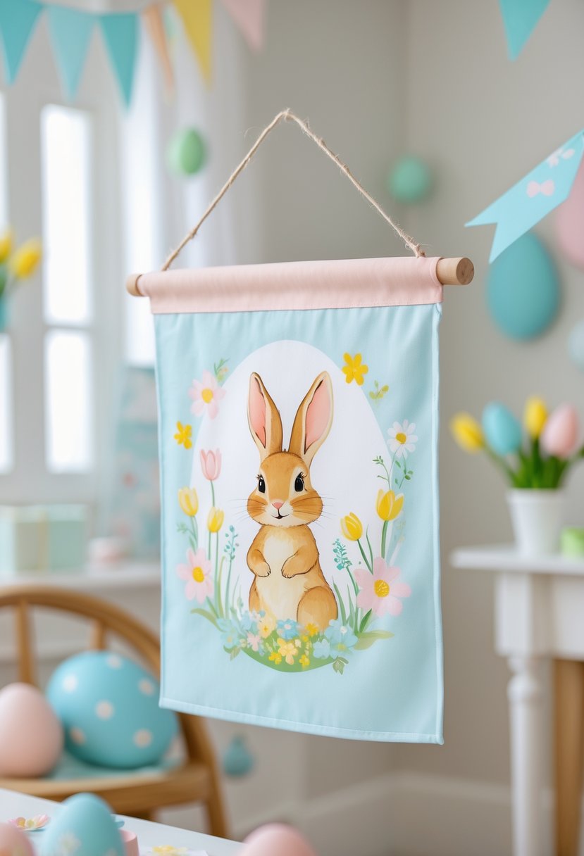 Easter canvas flag banner with Peter Rabbit illustrations hanging indoors at a baby shower decorated with spring flowers and Easter elements.