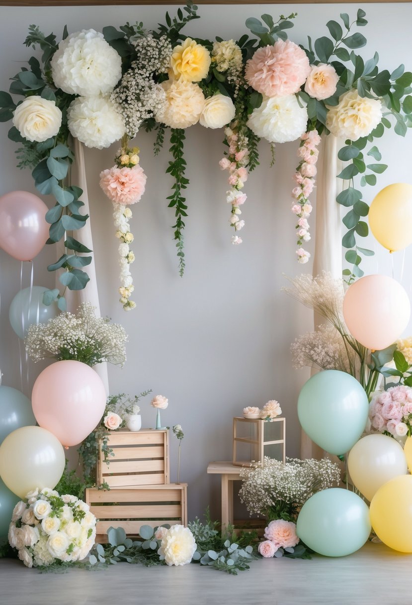 A variety of pastel floral garlands arranged as decorations for a gender-neutral baby shower with soft flowers and greenery draped against a neutral background.