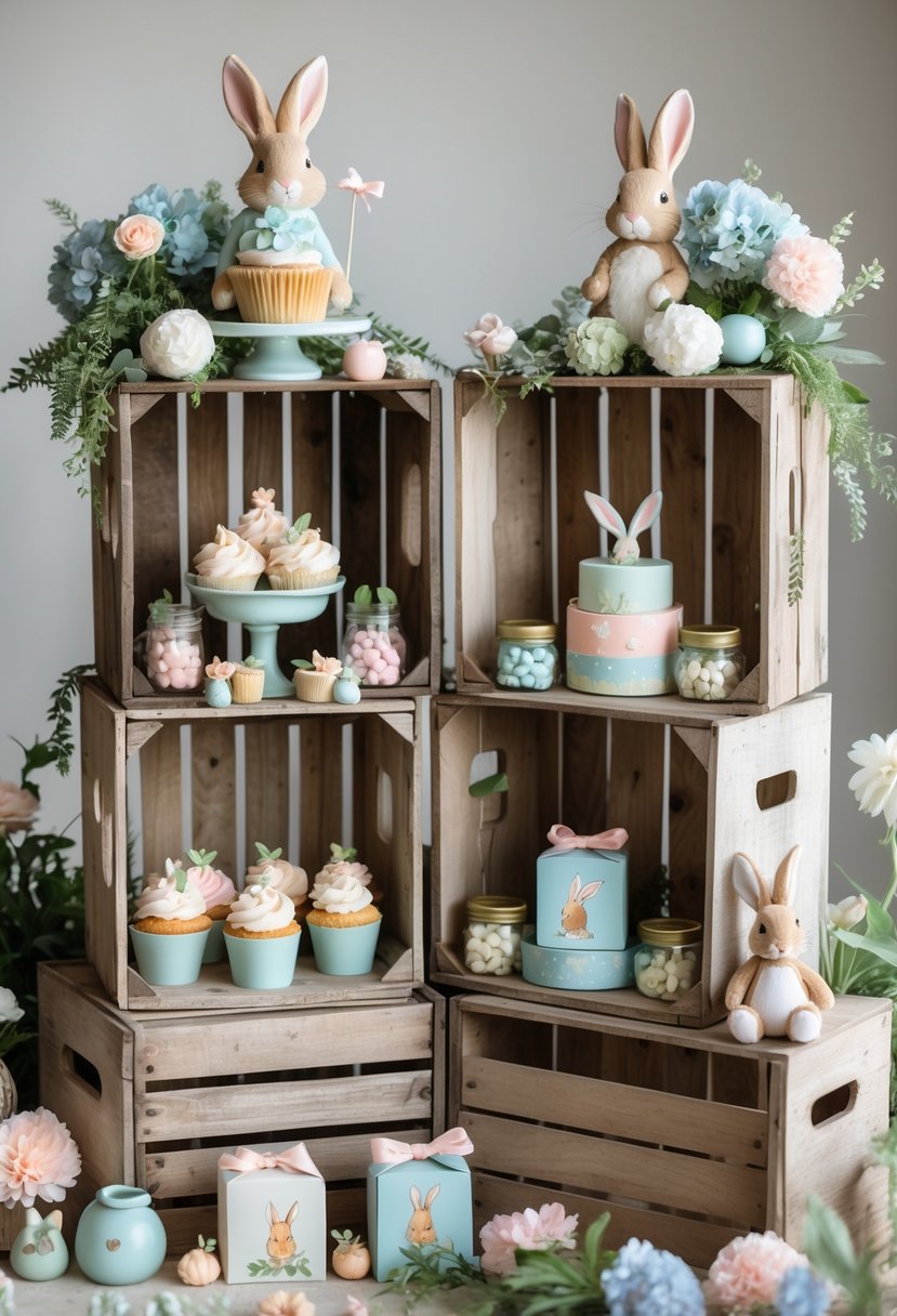 Rustic wooden crates arranged with themed snacks, party favors, flowers, and Peter Rabbit baby shower decorations.