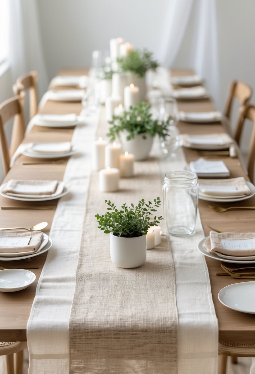 A table set for a baby shower with white and beige table runners, simple decorations, and natural lighting.