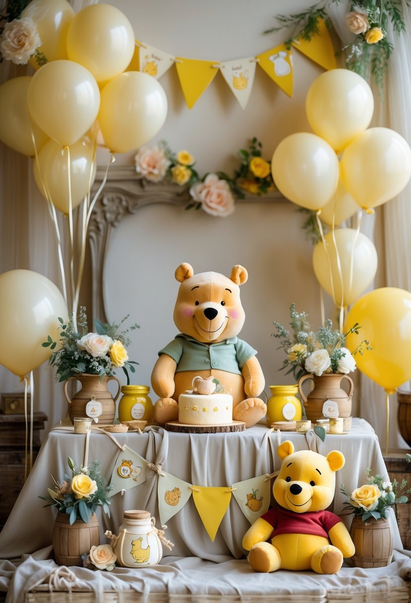 A baby shower setup with Winnie the Pooh themed decorations, plush toys, balloons, and honey pot accents on a decorated table.