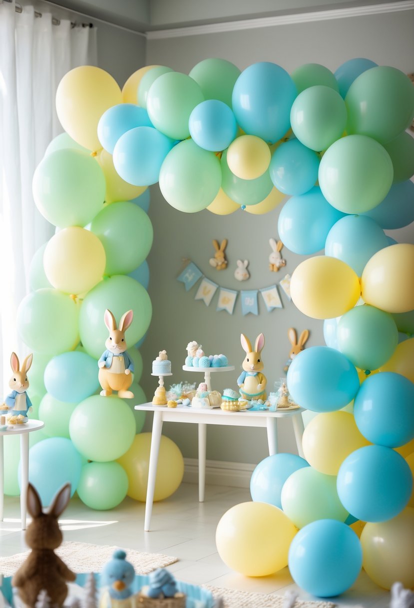 A baby shower scene with pastel green, blue, and yellow balloons and Peter Rabbit-themed decorations.
