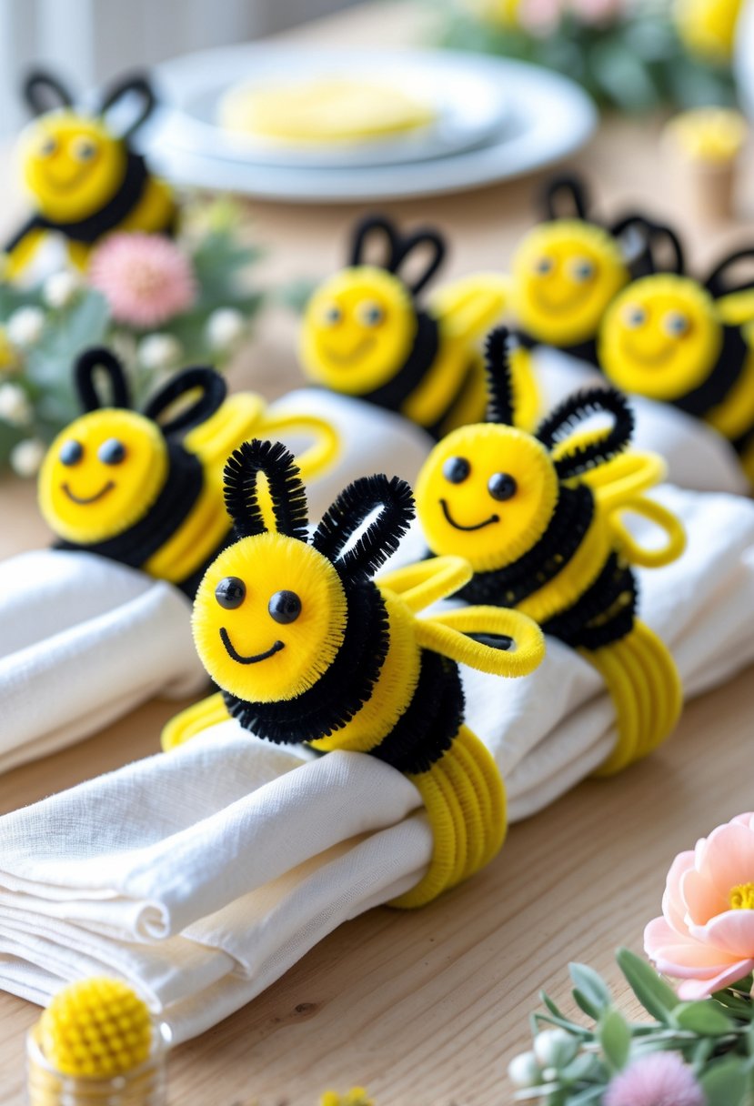 A table with 19 cute bumblebee napkin holders made from pipe cleaners holding white napkins, decorated with small flowers and baby shower items.