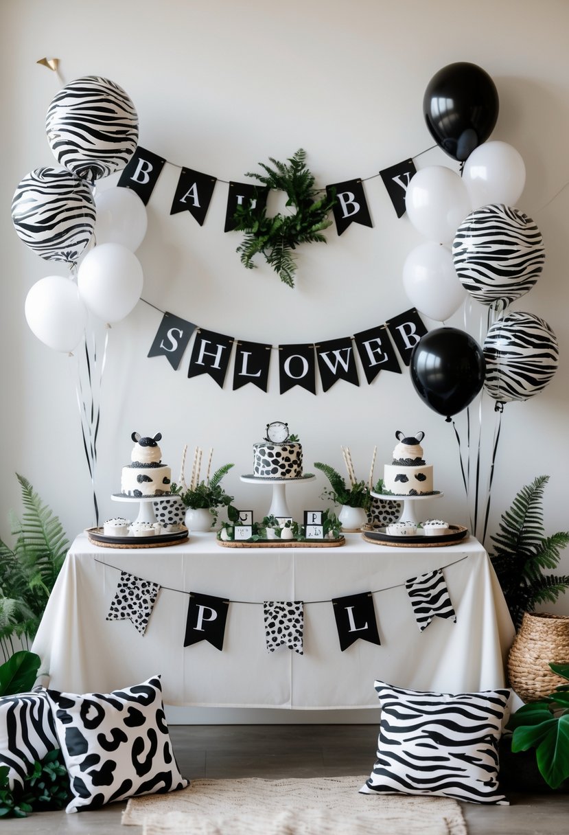 A baby shower setup with black and white animal print decorations including balloons, banners, and cushions arranged on a table with greenery and wooden accents.