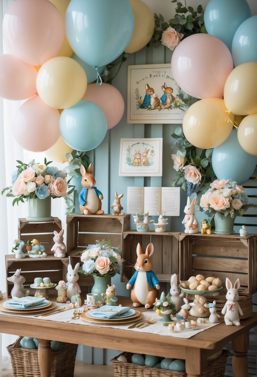 A baby shower setup featuring Peter Rabbit-themed decorations including pastel balloons, wooden crates, floral arrangements, and animal figurines arranged on a wooden table.
