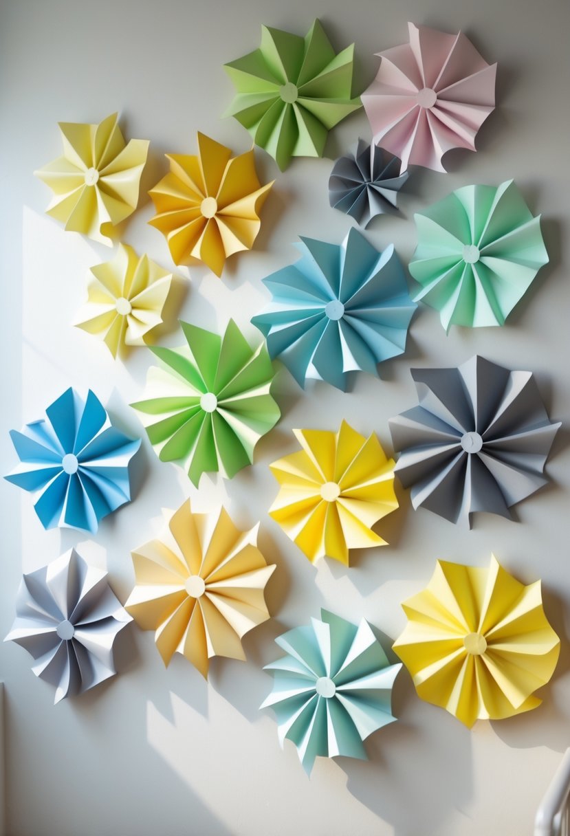 Colorful paper pinwheel decorations arranged on a wall for a baby shower celebration.