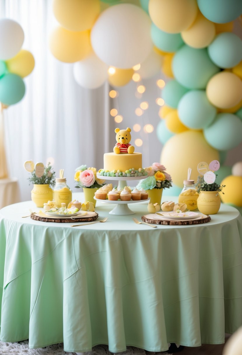 A baby shower table decorated with a sage green cheesecloth overlay and Winnie the Pooh themed decorations including plush toys and honey pots.
