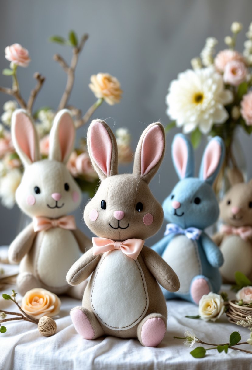 Handmade felt Peter Rabbit plush toys arranged on a decorated table for a baby shower.