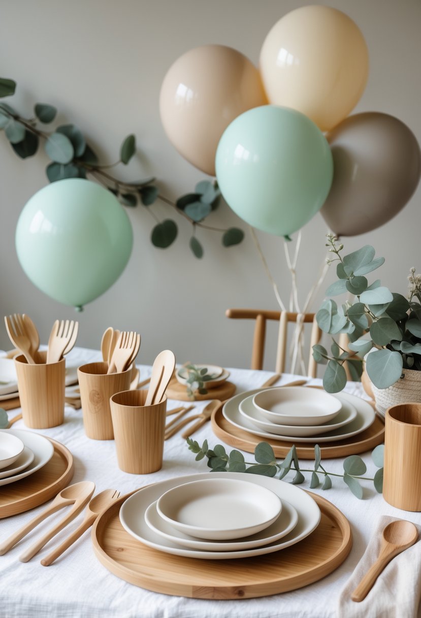 A table set for a gender-neutral baby shower with bamboo plates, cups, pastel balloons, greenery, and wooden toys arranged as eco-friendly decorations.