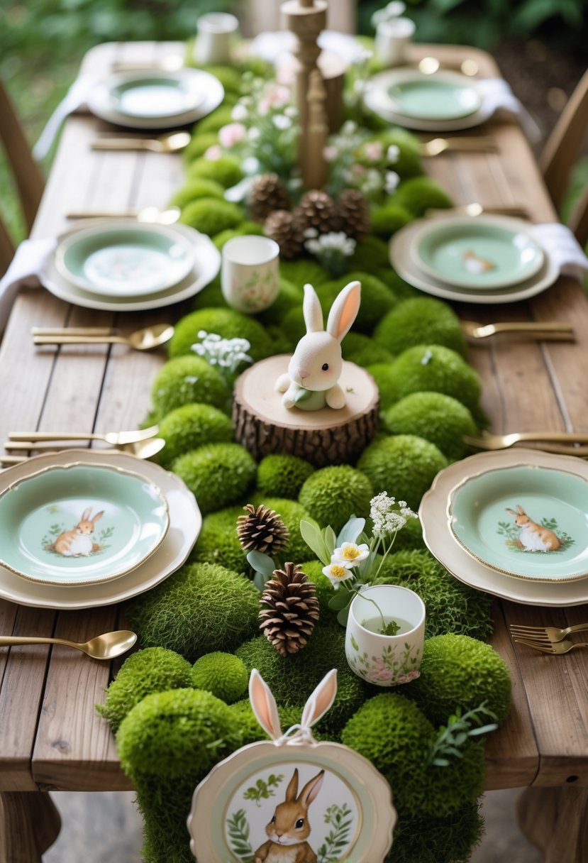 A baby shower table decorated with green moss runners, Peter Rabbit-themed decor, flowers, and natural woodland elements.