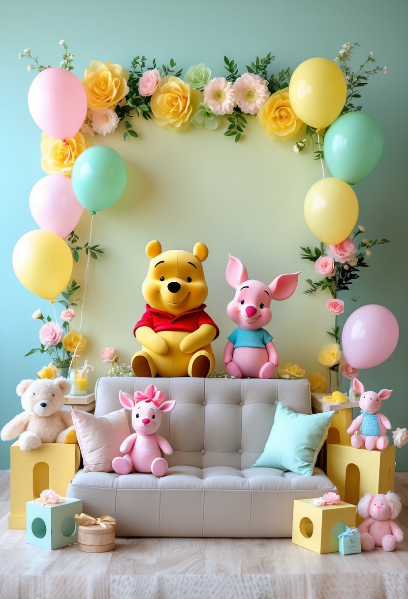 Photo booth backdrop with Winnie the Pooh and Piglet surrounded by pastel decorations and baby shower props.