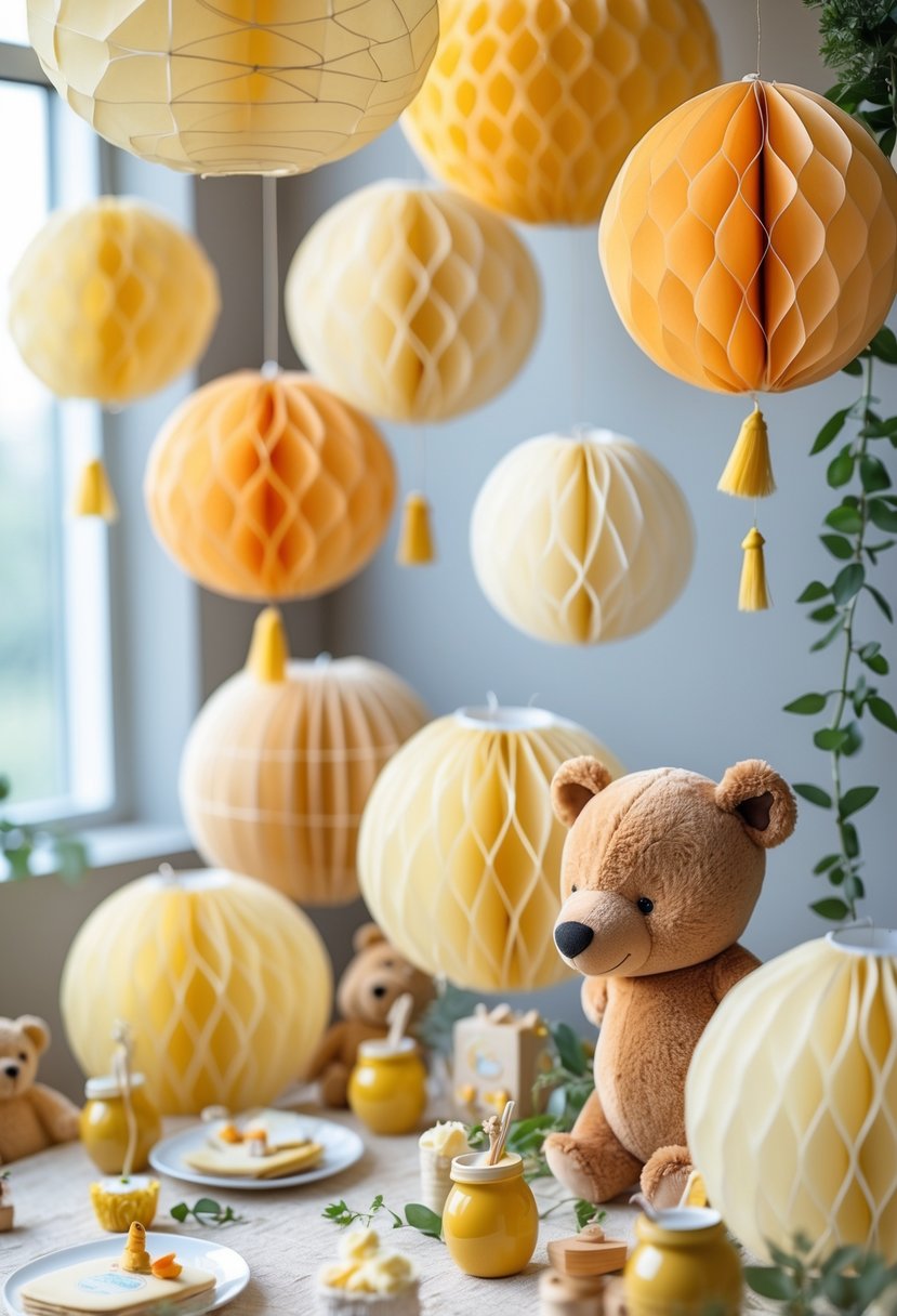 A baby shower scene with honeycomb paper lanterns in warm yellow and orange tones hanging from the ceiling, surrounded by Winnie the Pooh themed decorations and plush toys.