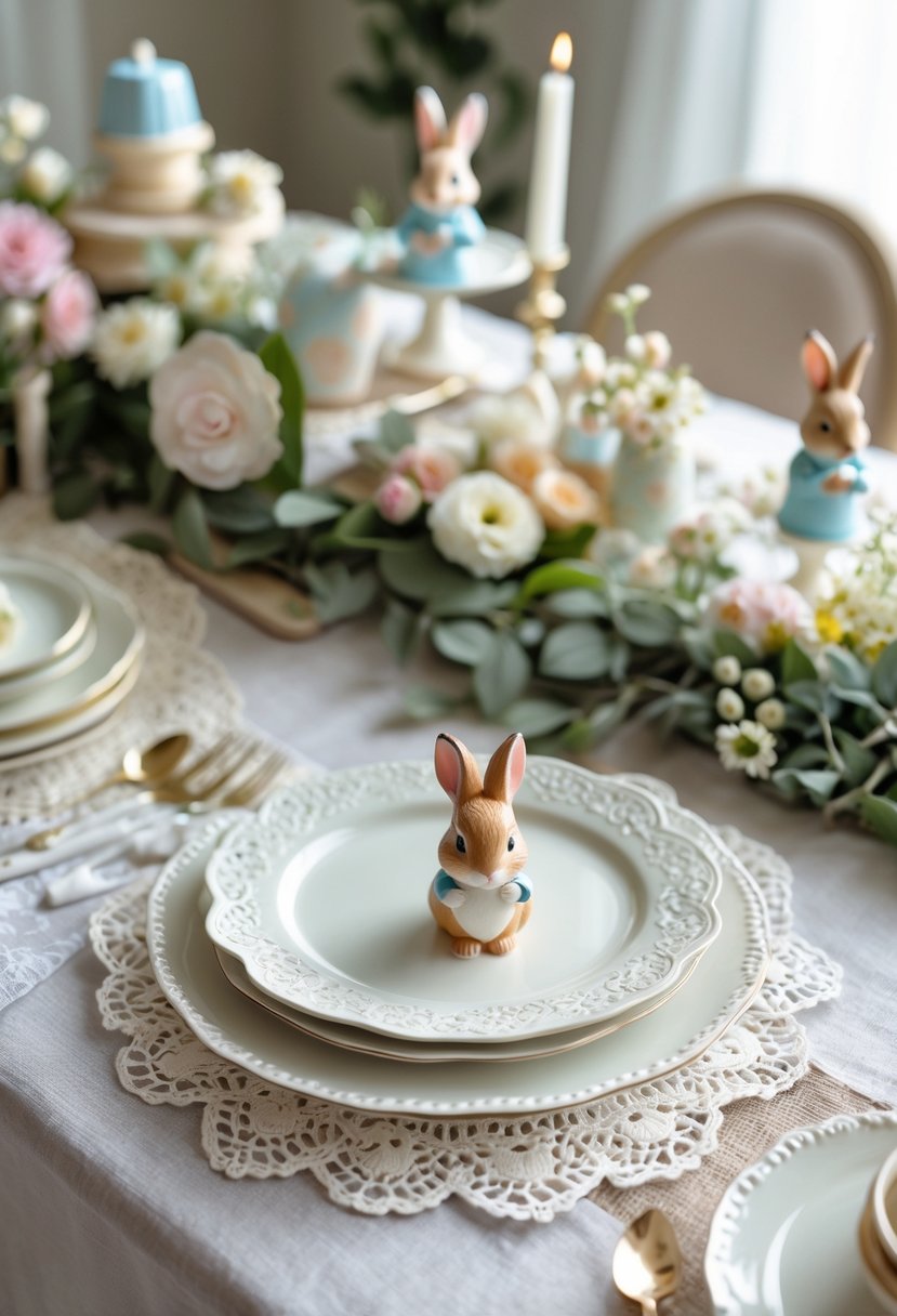 A baby shower table set with white lace doilies under plates and pastel decorations, featuring subtle Peter Rabbit-themed items.
