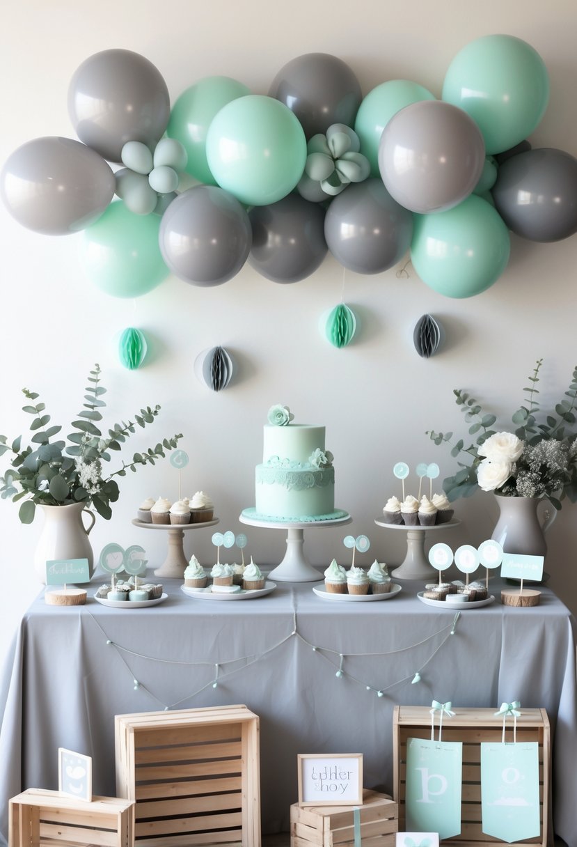 A baby shower setup with grey and mint decorations including balloons, desserts, flowers, and table linens arranged in a calm and inviting space.