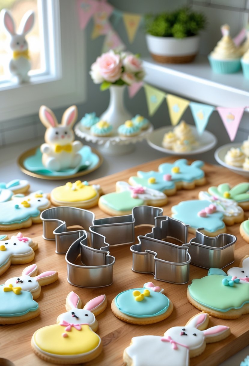 A kitchen countertop with Peter Rabbit shaped cookie cutters and decorated cookies surrounded by baby shower decorations.