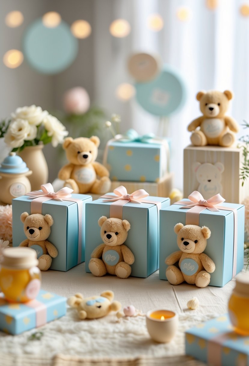 Teddy bear baby boxes arranged to spell BABY with Winnie the Pooh themed baby shower decorations.